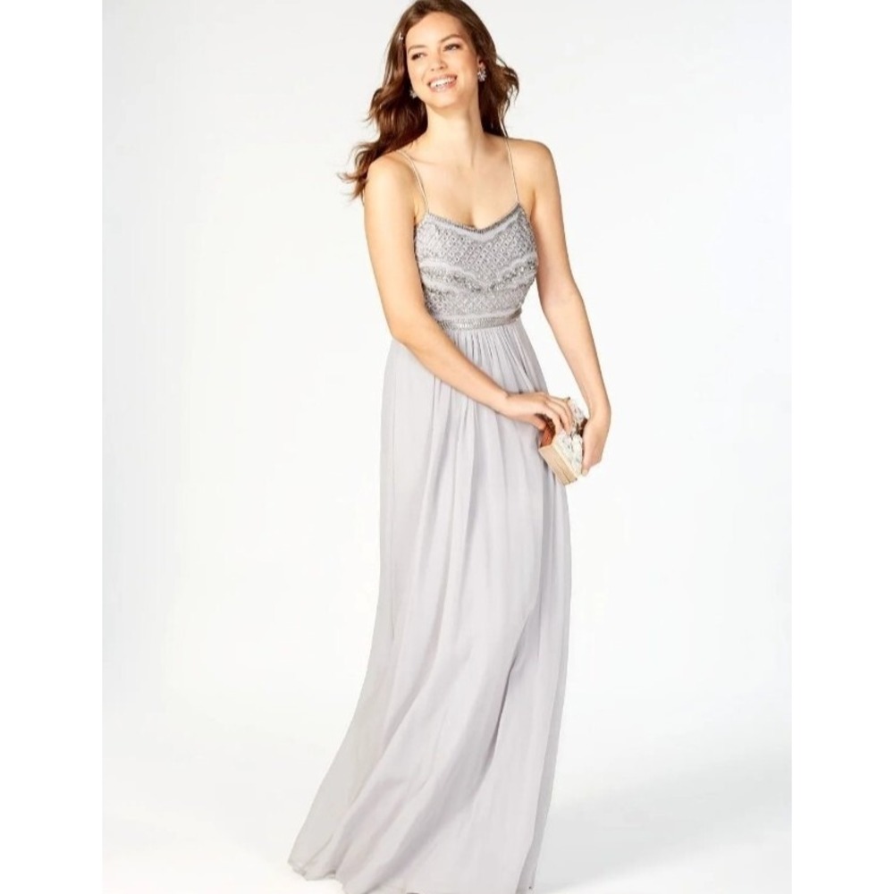 Adrianna Papell prom weddingmaxi Gray Sequined Beaded Chiffon Gown 10 A006780